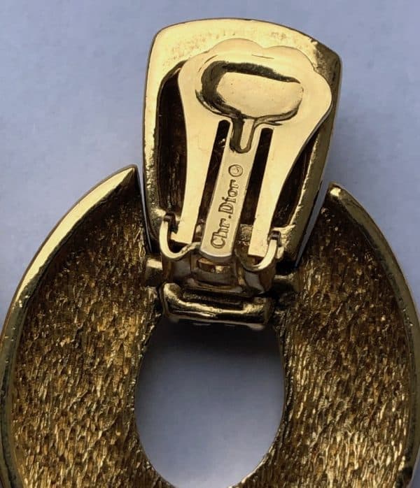 christian dior vintage oval clip on drop earrings black gold design 1980