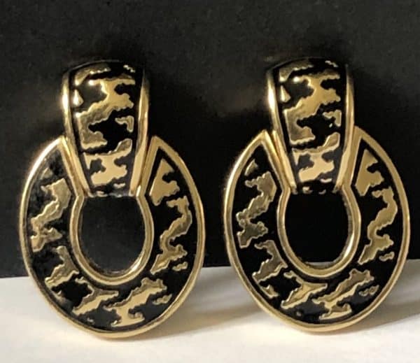 christian dior vintage oval clip on drop earrings black gold design 1980