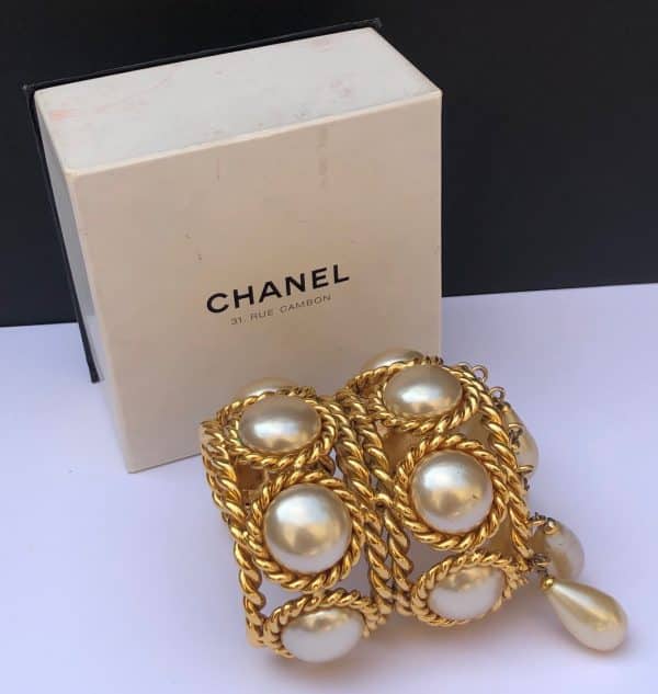 chanel vintage double cuff gold pearls bracelet collection 26 by victoire de castellane circa 1980s w/box