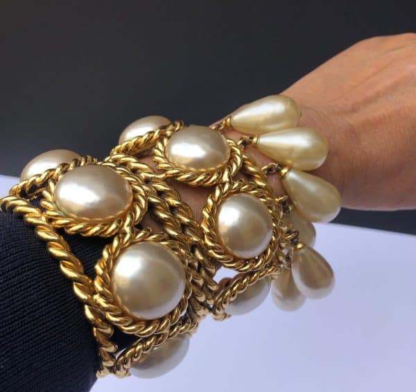 chanel vintage double cuff gold pearls bracelet collection 26 by victoire de castellane circa 1980s w/box