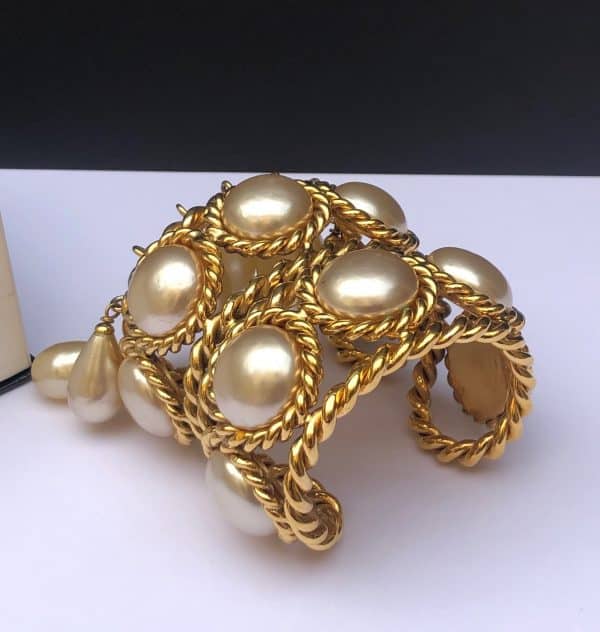 chanel vintage double cuff gold pearls bracelet collection 26 by victoire de castellane circa 1980s w/box