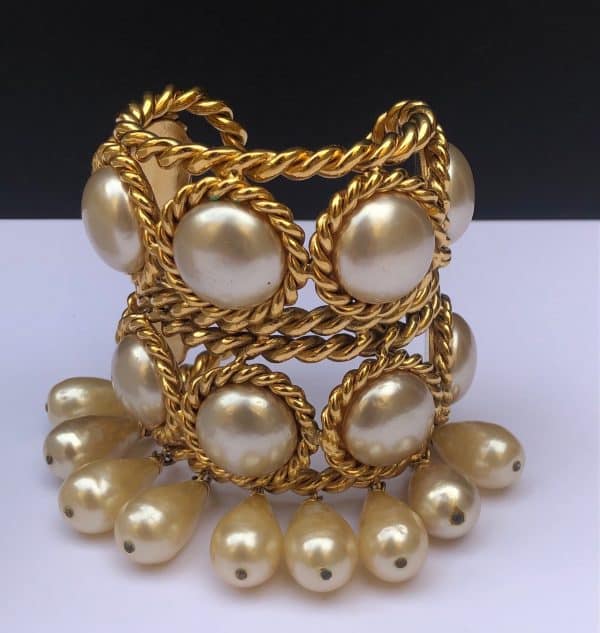 chanel vintage double cuff gold pearls bracelet collection 26 by victoire de castellane circa 1980s w/box