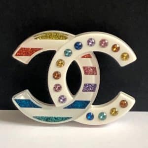 chanel cc logo large brooch lucite multicolour crystals c.2019 w/box