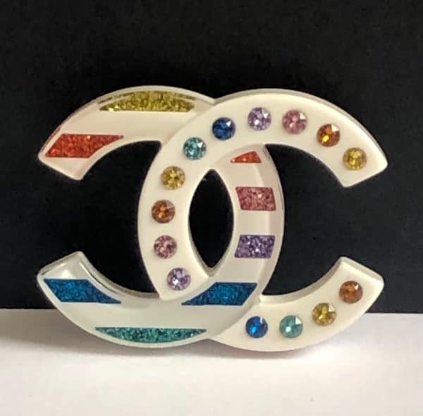 chanel cc logo large brooch lucite multicolour crystals c.2019 w/box