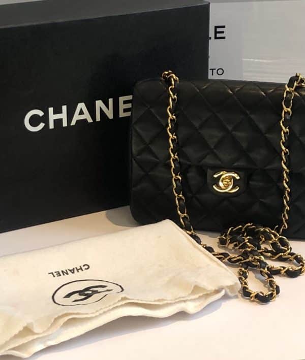 chanel vintage timeless classic flap mini square chain shoulder bag black lambskin c.1991