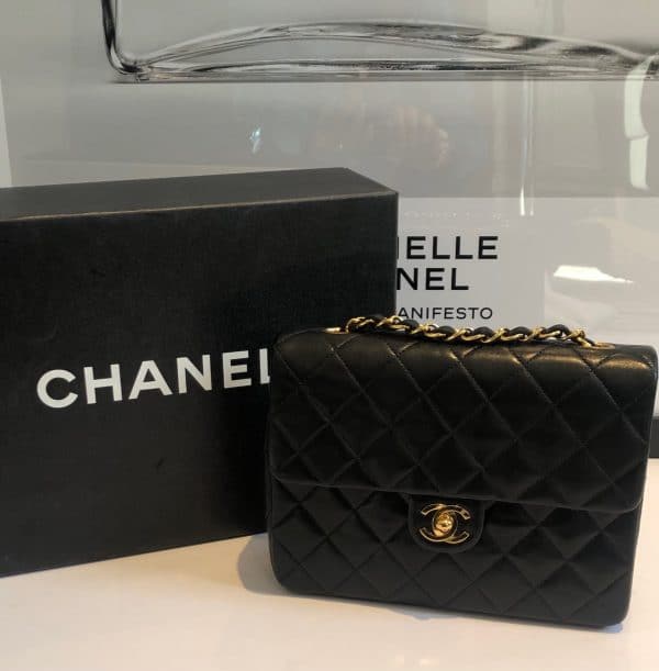 chanel vintage timeless classic flap mini square chain shoulder bag black lambskin c.1991