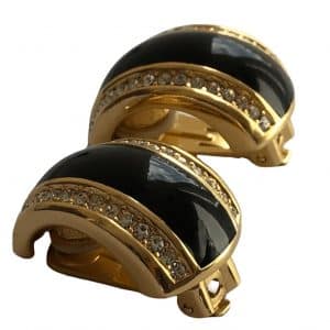 christian dior earrings dome hoop gold tone black enamel & crystal c.1980s