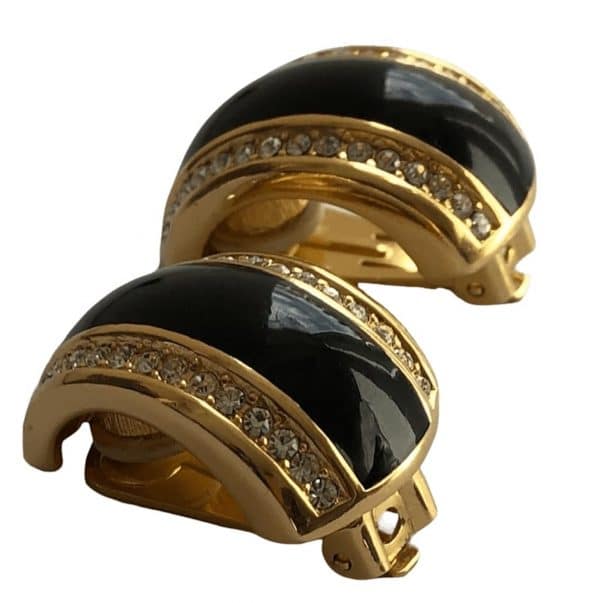 christian dior earrings dome hoop gold tone black enamel & crystal c.1980s