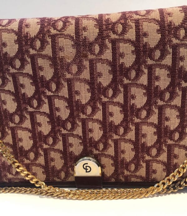 christian dior vintage monogram shoulder clutch chain burgundy bag c.1970s