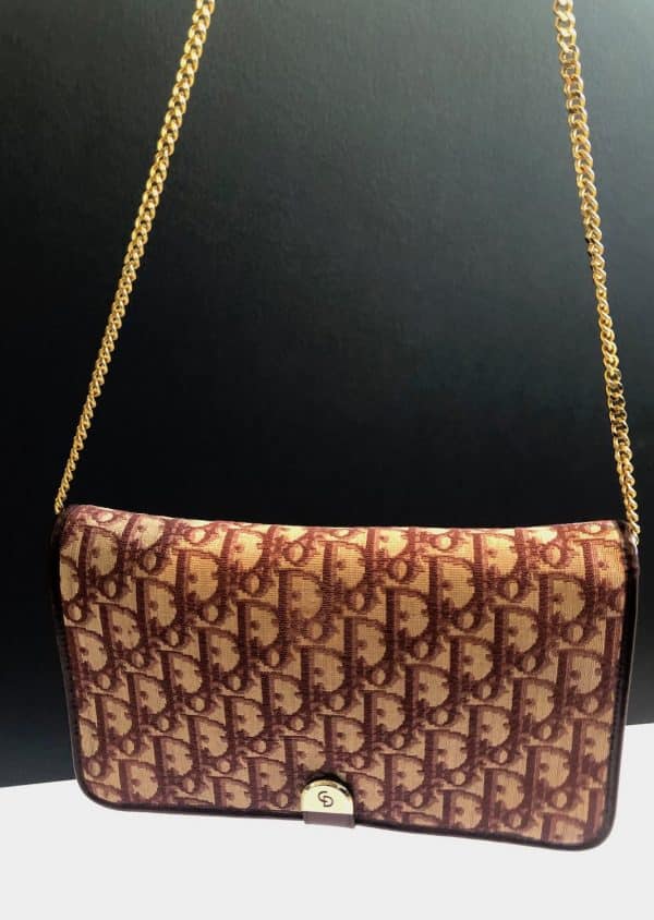 christian dior vintage monogram shoulder clutch chain burgundy bag c.1970s