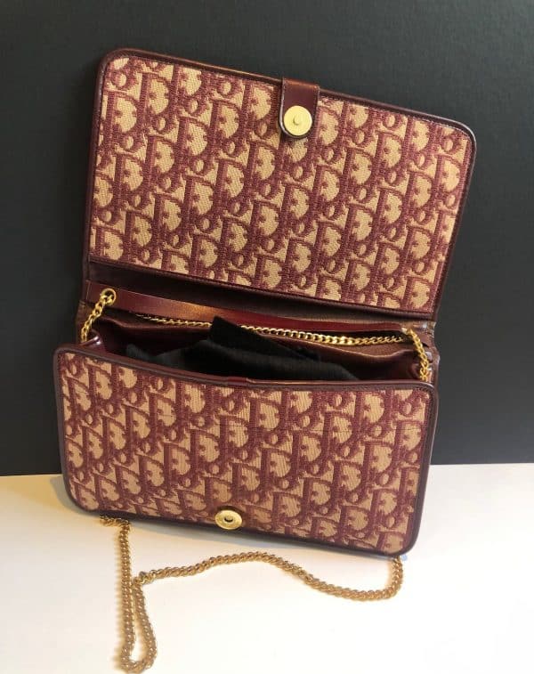 christian dior vintage monogram shoulder clutch chain burgundy bag c.1970s
