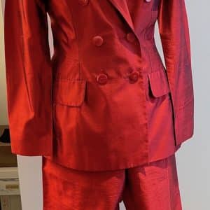 yves saint laurent vintage blazer trousers suit red double breasted silk c.1980