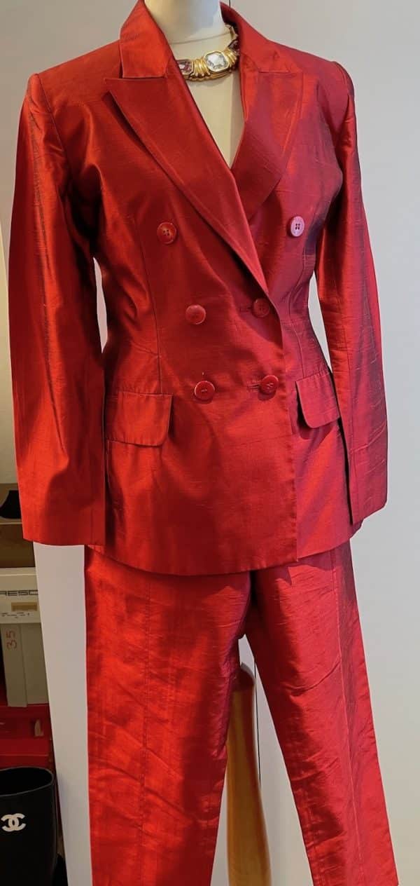 yves saint laurent vintage blazer trousers suit red double breasted silk c.1980