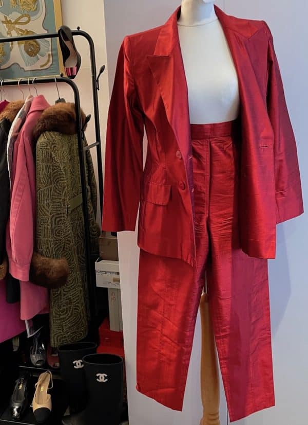 yves saint laurent vintage blazer trousers suit red double breasted silk c.1980