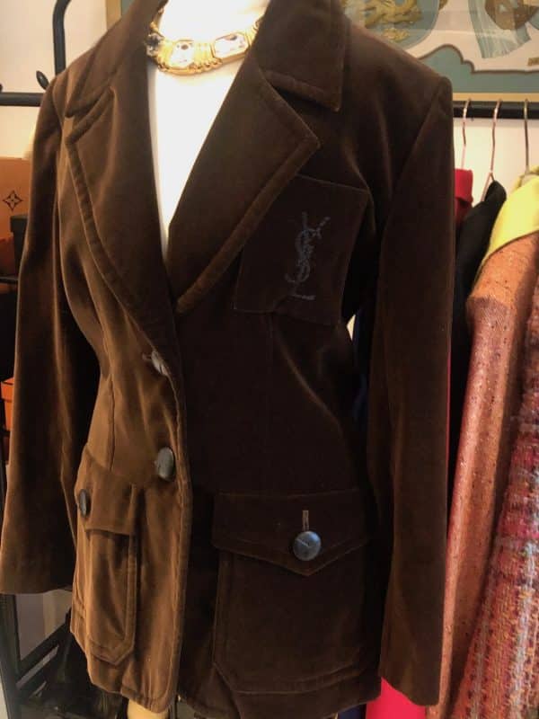 yves saint laurent vintage ysl logo jacket brown velvet single breasted circa 1980s