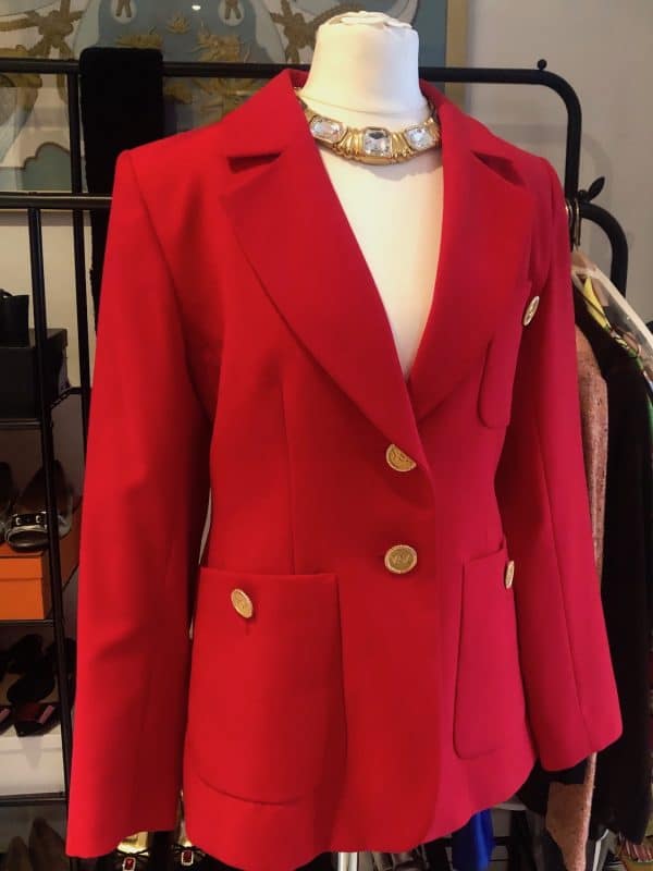 yves saint laurent vintage couture red jacket ysl logo buttons circa 1980s