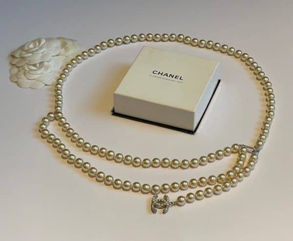 chanel pearl belt necklace double strand cc logo charm c.2004 w/box