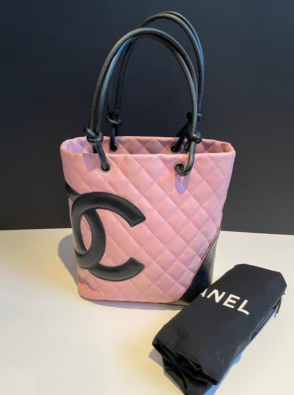 chanel pink & black quilted calfskin leather small cambon cc logo bag c.2004 2005