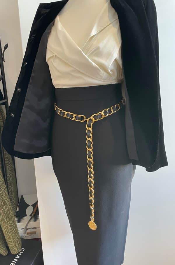 chanel vintage belt leather and gold link chain iconic cc logo coco medallion charm c.1980