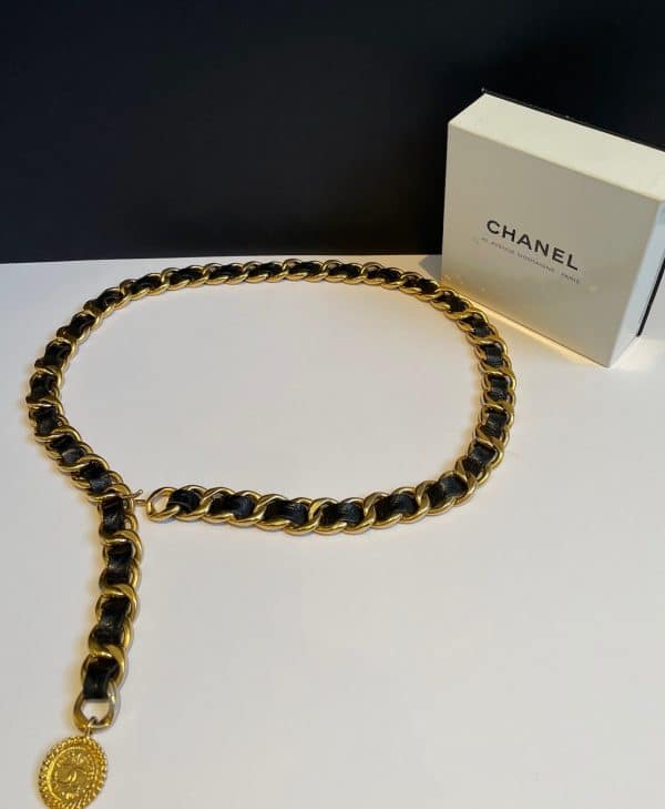 chanel vintage belt leather and gold link chain iconic cc logo coco medallion charm c.1980