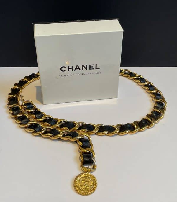 chanel vintage belt leather and gold link chain iconic cc logo coco medallion charm c.1980