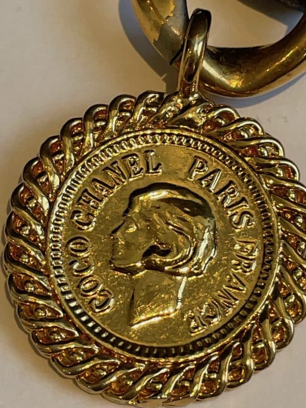 chanel vintage belt leather and gold link chain iconic cc logo coco medallion charm c.1980
