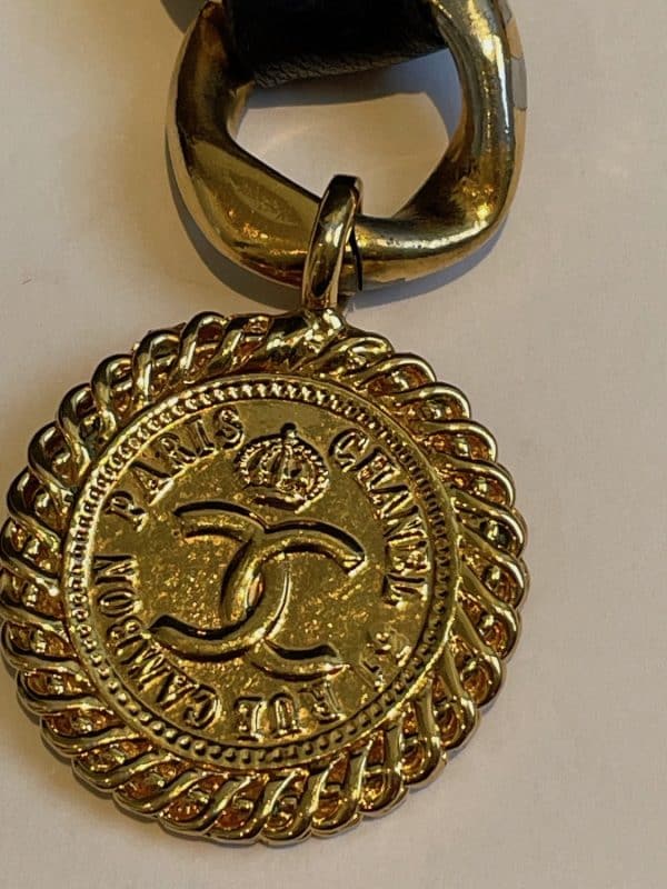 chanel vintage belt leather and gold link chain iconic cc logo coco medallion charm c.1980