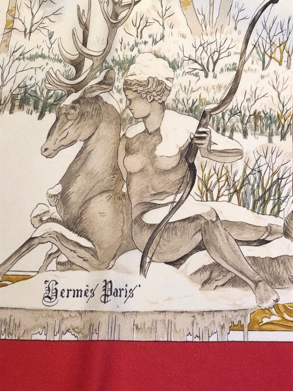 hermÈs vintage silk scarf l’hiver red gold by philippe ledoux c.1968 w/box