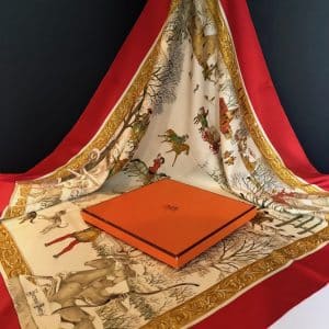 hermÈs vintage silk scarf l’hiver red gold by philippe ledoux c.1968 w/box