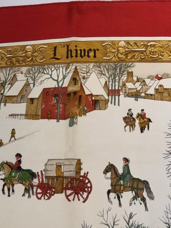 hermÈs vintage silk scarf l’hiver red gold by philippe ledoux c.1968 w/box