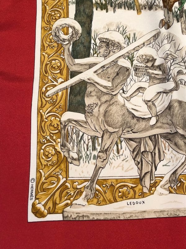 hermÈs vintage silk scarf l’hiver red gold by philippe ledoux c.1968 w/box