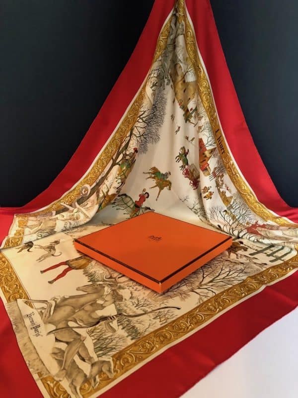 hermÈs vintage silk scarf l’hiver red gold by philippe ledoux c.1968 w/box