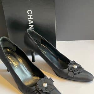 chanel camellia pearl cc logo heels black shoes