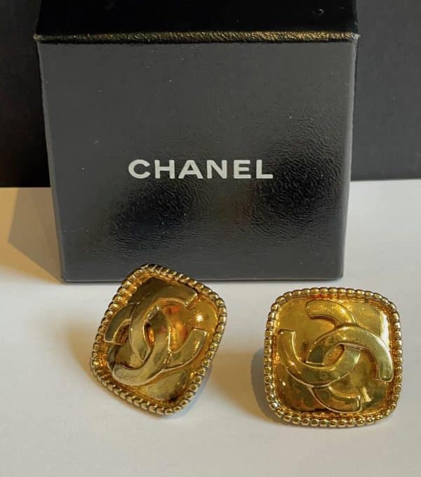 chanel vintage cc logo coco large square earrings gold w/box c.1996