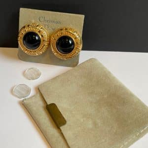 christian dior vintage couture button earrings gold tone black crystal cabochon c.1980s