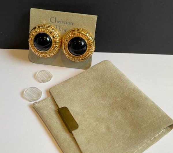 christian dior vintage couture button earrings gold tone black crystal cabochon c.1980s