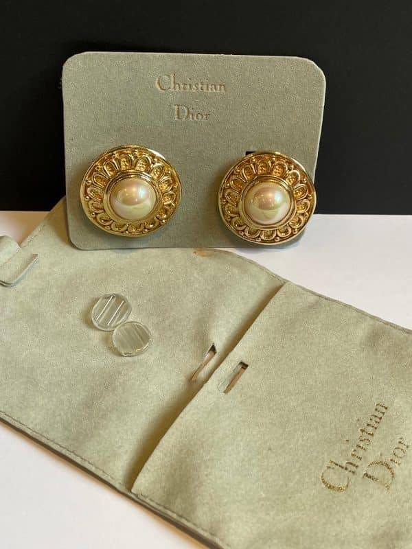 christian dior vintage couture etruscan gold & pearl large earrings collector c.1980s