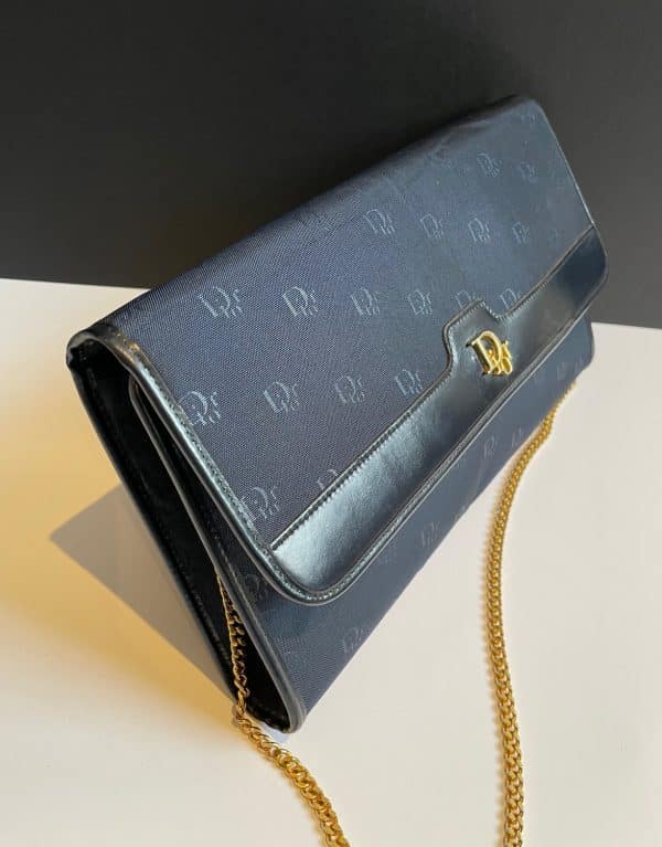 christian dior vintage monogram clutch navy blue gold chain w/box c.1970