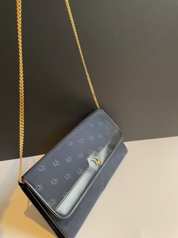 christian dior vintage monogram clutch navy blue gold chain w/box c.1970