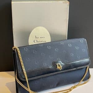 christian dior vintage monogram clutch navy blue gold chain w/box c.1970