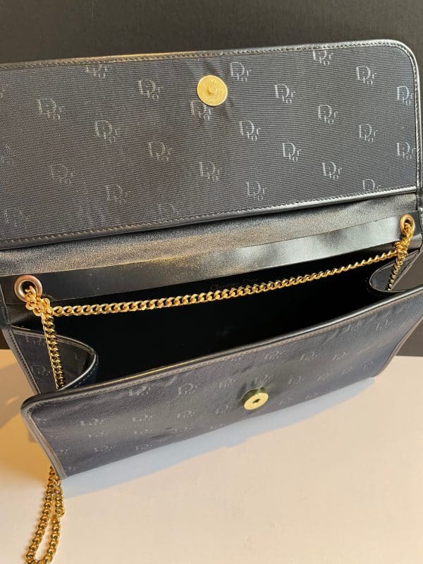 christian dior vintage monogram clutch navy blue gold chain w/box c.1970