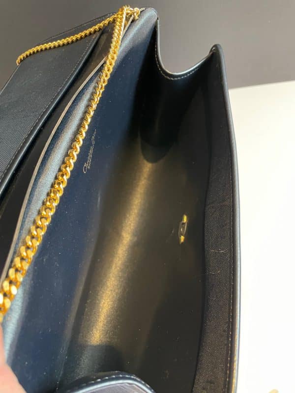 christian dior vintage monogram clutch navy blue gold chain w/box c.1970