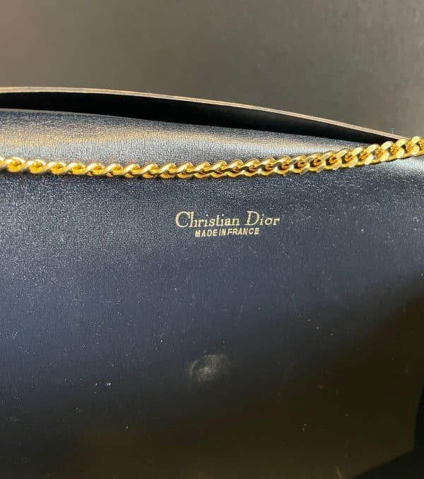 christian dior vintage monogram clutch navy blue gold chain w/box c.1970