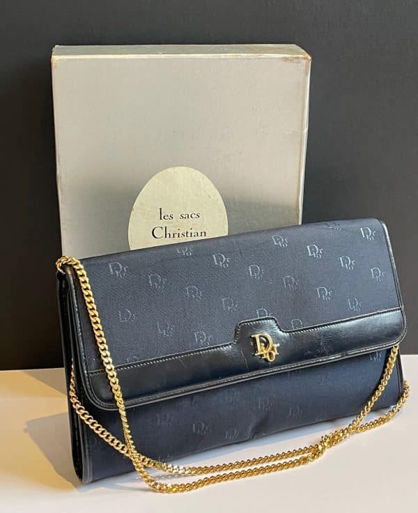 christian dior vintage monogram clutch navy blue gold chain w/box c.1970