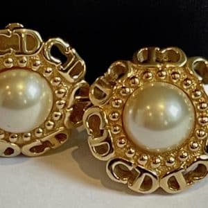 christian dior vintage pearl cd monogram gold earrings c.1980s
