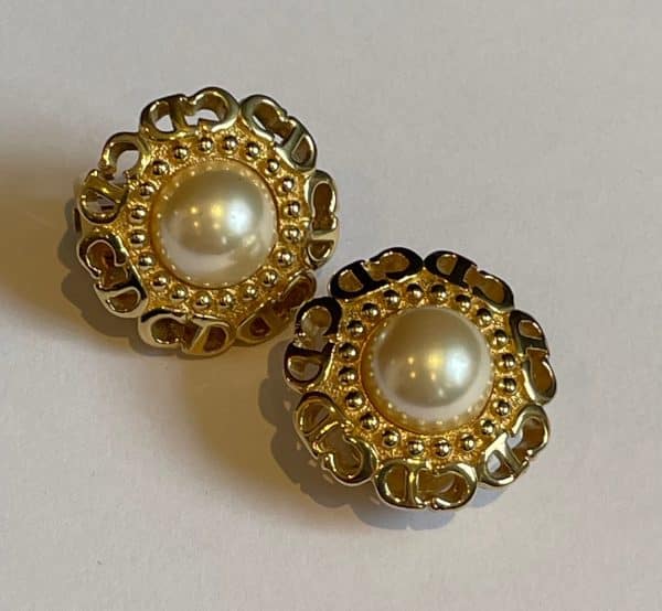 christian dior vintage pearl cd monogram gold earrings c.1980s