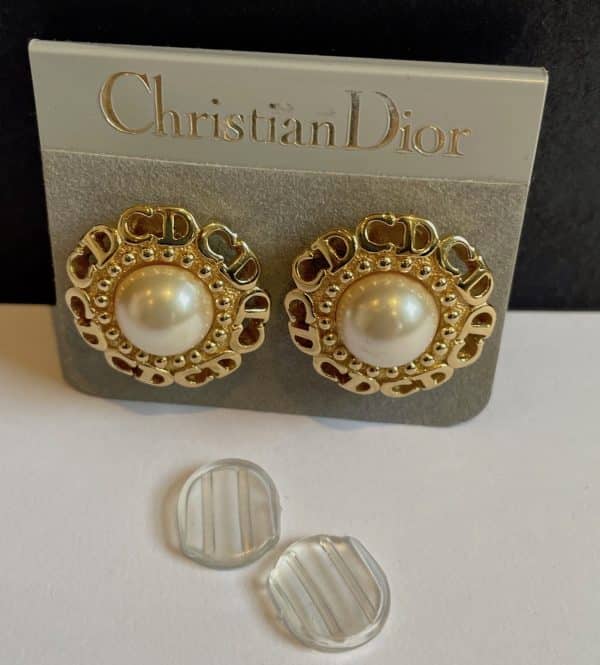 christian dior vintage pearl cd monogram gold earrings c.1980s