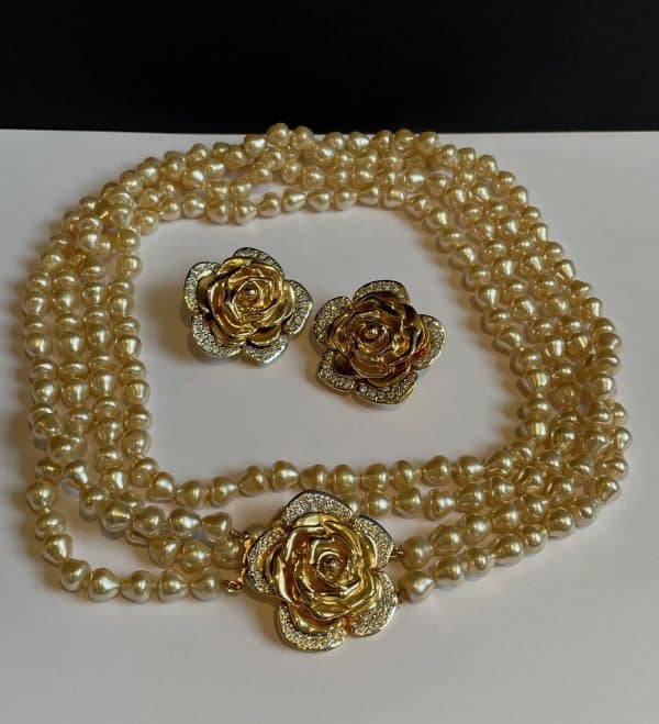 yves saint laurent vintage by goossens couture pearl gardenia necklace & earrings set gold crystal c.1980