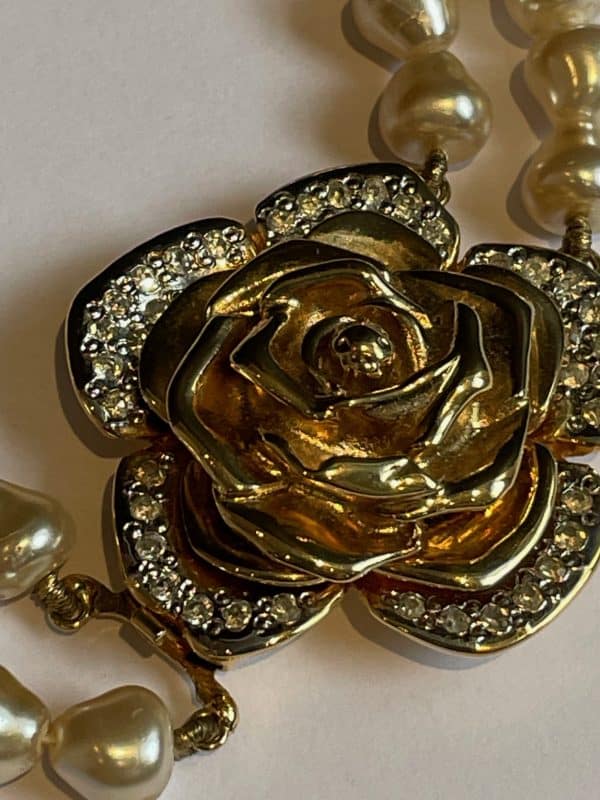 yves saint laurent vintage by goossens couture pearl gardenia necklace & earrings set gold crystal c.1980