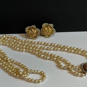 yves saint laurent vintage by goossens couture pearl gardenia necklace & earrings set gold crystal c.1980